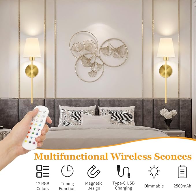 TISLYCO Battery Operated Wall Sconces Set of 2, Gold Rechargeable Wall Lamps with 2500mAh Magnet Detachable Dimmable Remote Bulbs,12 RGB Colors & 3 Color Temperatures Wireless Wall Lights for Bedroom