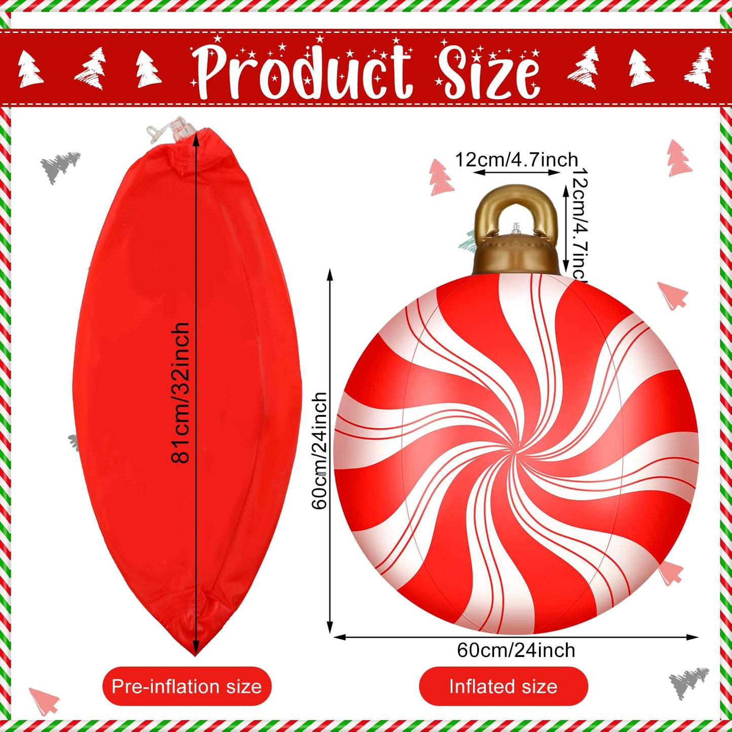 2 Pieces 32 Inch Giant PVC Inflatable Christmas Decorated Ball Ornaments Outdoor Large Xmas Blow Ball Decorations for Christmas Themed Party Ornaments(Candy,Red White)