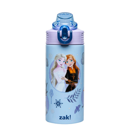 Zak Designs Disney Frozen Sage Kids Water Bottle For School or Travel, 14oz Stainless Steel Water Bottle With Straw, Handle, and Leak-Proof, Pop-Up Spout Cover (Anna & Elsa)