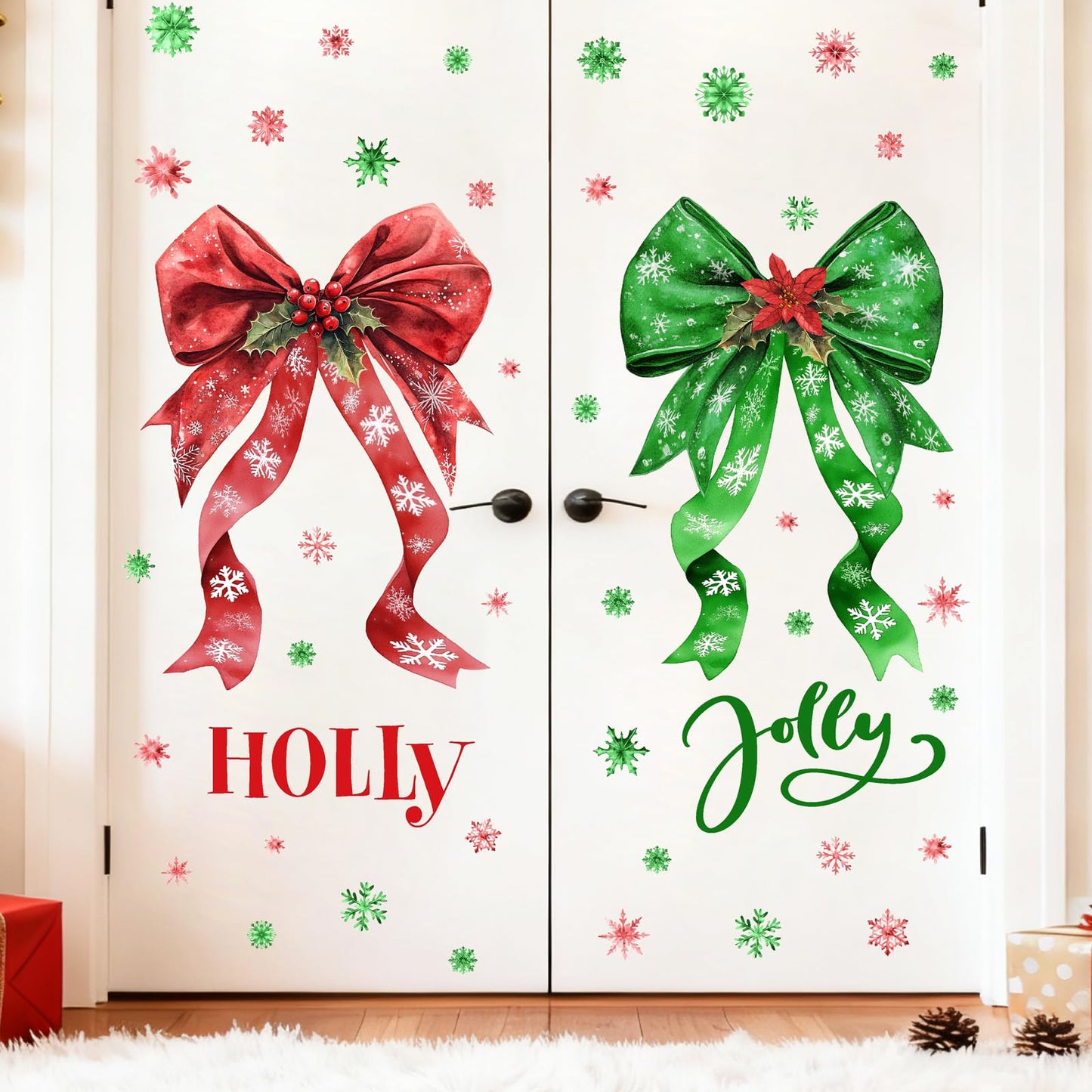 Large Christmas Wall Stickers Green Red Bow Decoration Decals Peel and Stick Xmas Bow Stickers Home Indoor Decor for Living Room O Holy Snowflakes Vinyl Art Murals for New Year Holiday Party Supplies
