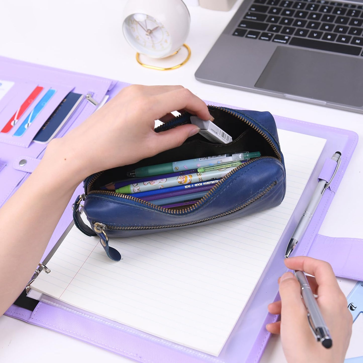 Wonderpool Pen Case Real Leather Pencil Pouch Markers Holder Big Capacity Bag with Side Zippered Pocket Sleeve for Stationery Makeup Utensils Organizer (Blue)