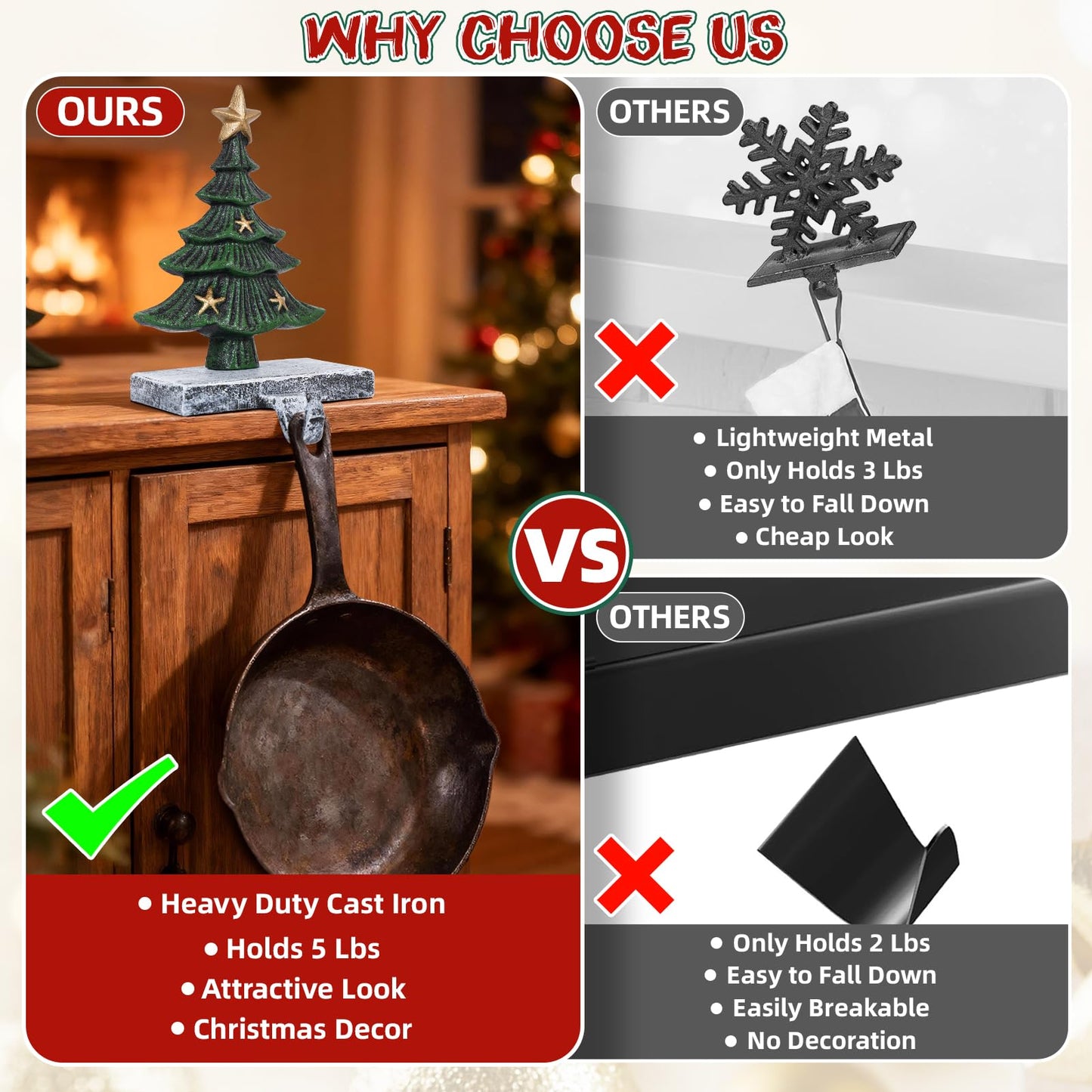 G GOOD GAIN Christmas Stocking Holders for Mantle - Set of 2 Heavy Duty Cast Iron Stocking Hangers with Non-Slip Base | Exquisite 3D Xmas Tree, Deer Mantel Hook for Fireplace Decoration Holiday Gifts