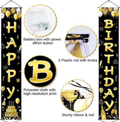 Black Gold Happy Birthday Door Banner Lighted Decorations for Men Women Happy Birthday Banner Porch Sign with LED light Party Supplies 16th 18th 30th 40th 50th 60th Party Decoration