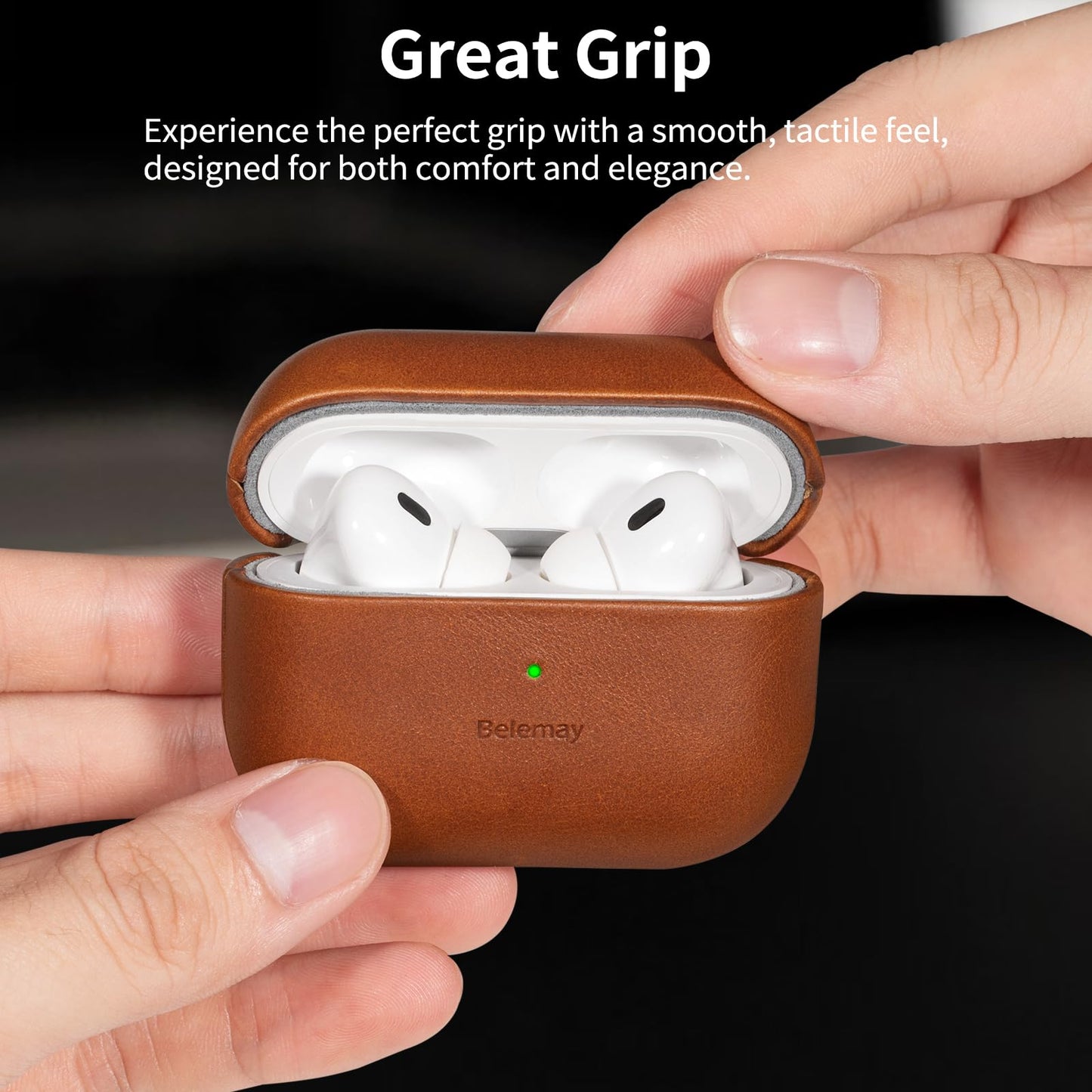 Belemay for AirPods Pro 2nd Generation Case, Compatible with MagSafe and Wireless Charging, Luxury Full-Grain Smooth Leather, Unique Patina, Comfort Grip, Compatible with Airpods Pro 2, Brown