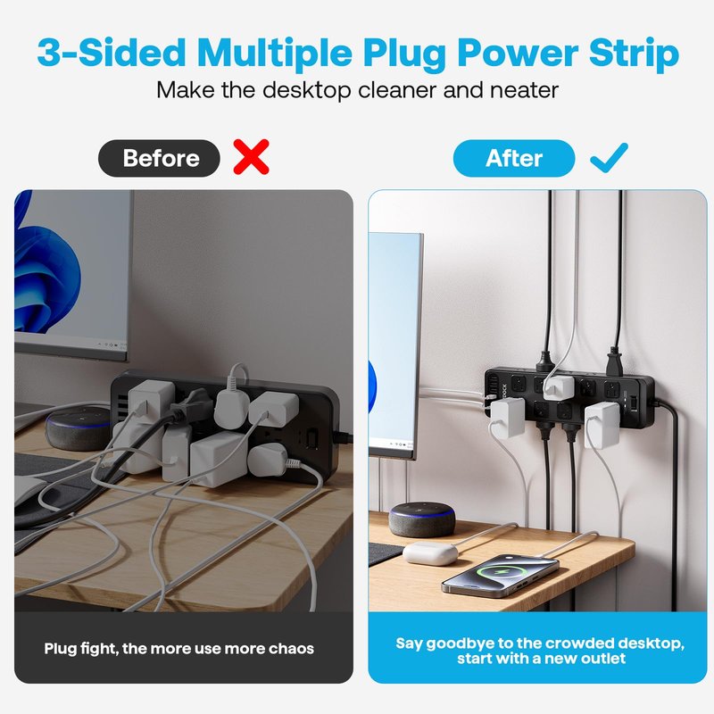 Solidock 20AC Power Strip with USB Ports, Heavy Duty Surge Protector Power Strip 15 Amp, 6Ft Extension Cord with Multiple Outlets
