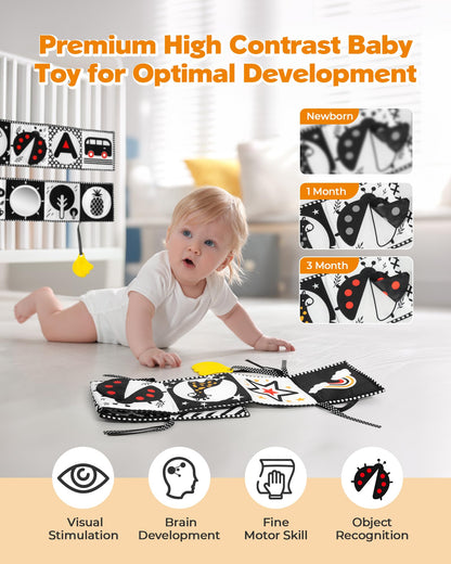 Melican Black and White High Contrast Baby Toys 0-6 6-12 Months, Soft Book with Teether, Newborn Infants Tummy Time Toys, 0-3 3-6 Month Sensory Visual Stimulation, Montessori Learning Essentials