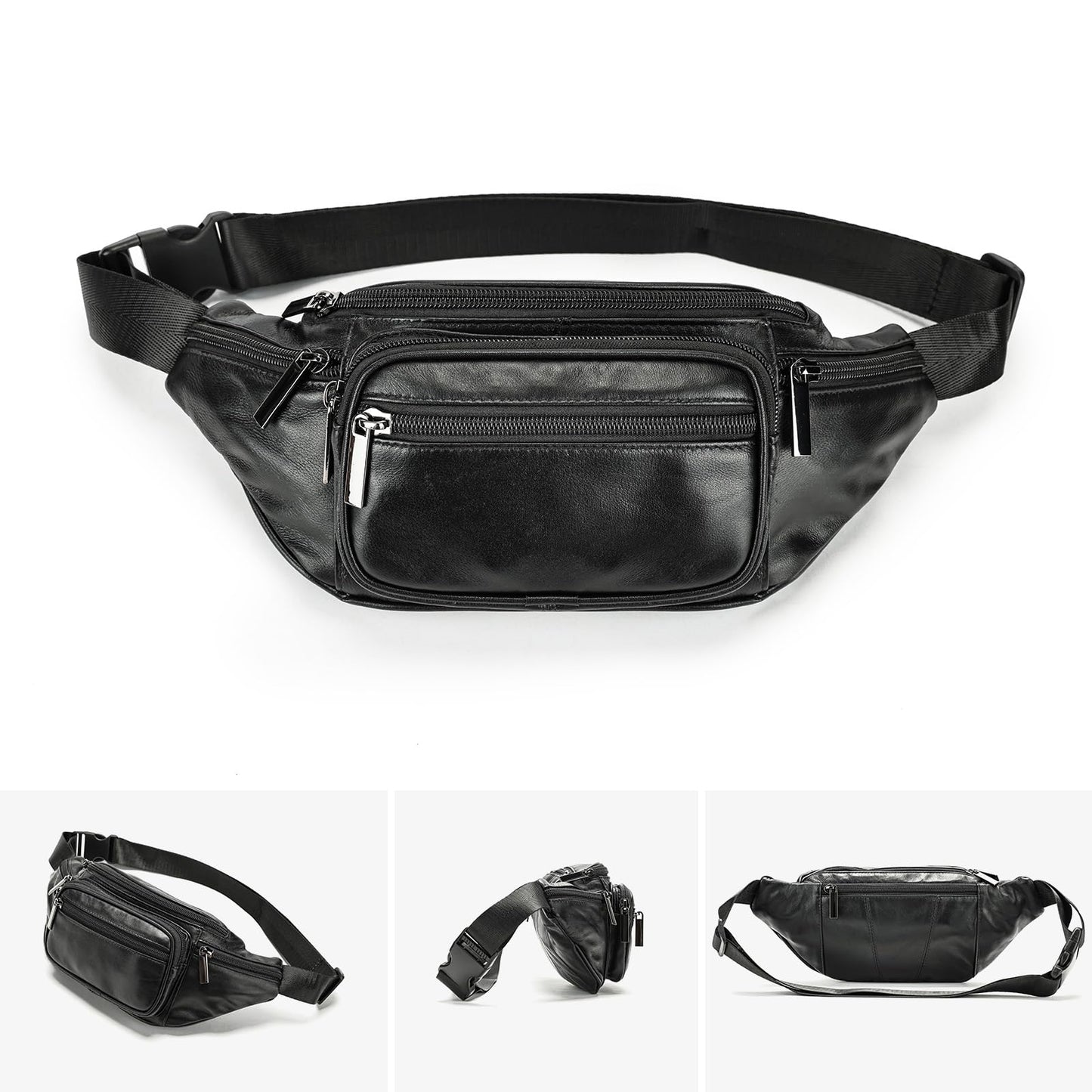 Genuine Leather Fanny Pack Men Women Multi-Pockets sling Waist Bag For Travel Sports Hiking Cycling Fishing Running Black Small