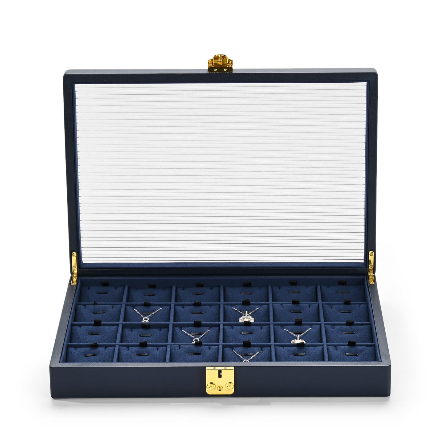 Oirlv Blue Leather Jewelry Organizer Jewelry Tray with Lid Jewelry Organizers and Storage for Drawers Stackable Jewelry Trays Necklace Organizer Hoder for Women Jewelry Organizer with Lock (24 Grid)
