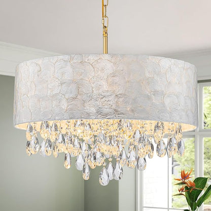 6-Lights Drum Capiz Shell Crystal Chandeliers, Coastal Style Pendant Light Fixture for Dining Room, Living Room, D24 x H23~71 inch(Adjustable), Shell Lampshade & Gold Finish
