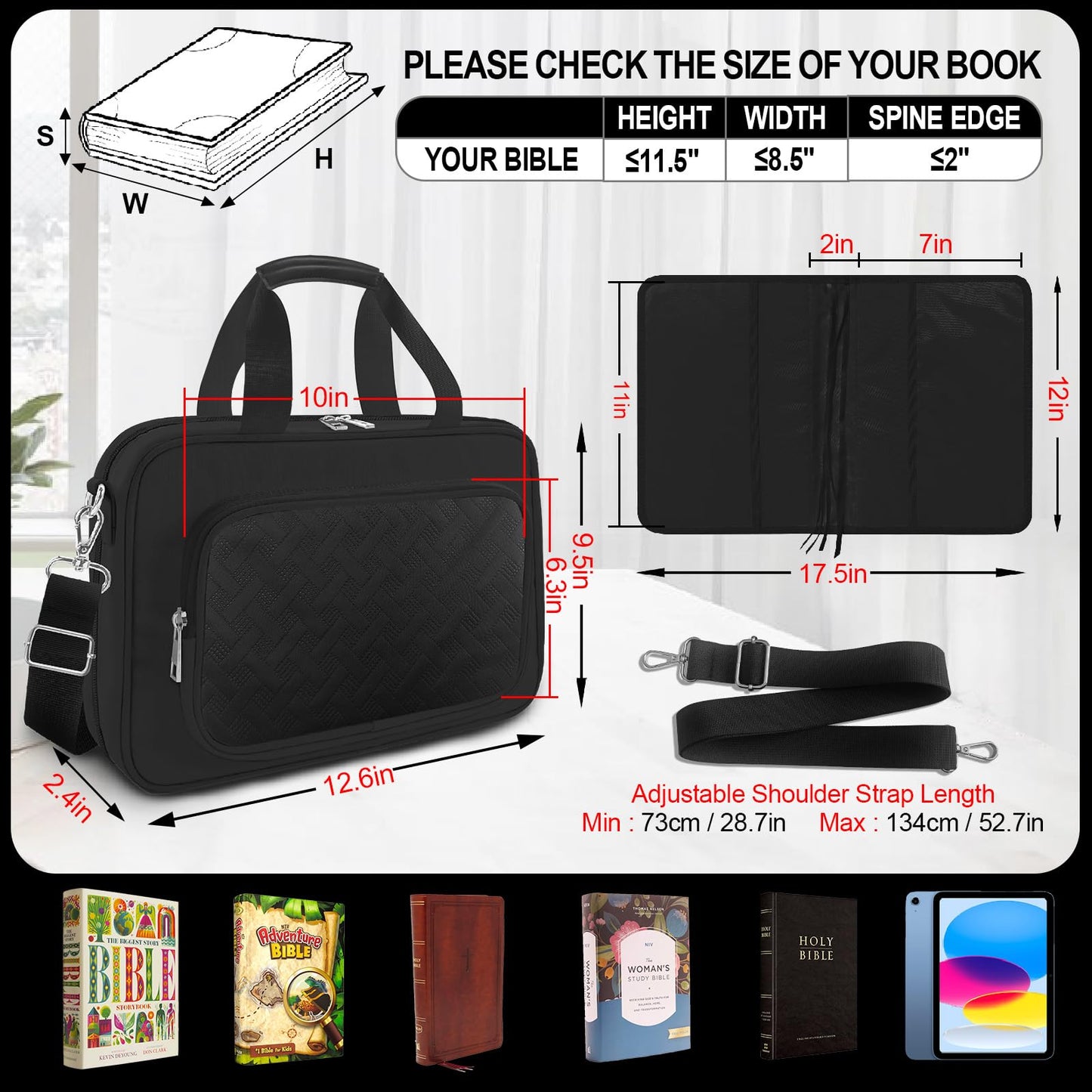 Large Bible Cover Case for Boys Mens, Book Carrying Case with Highlighters Tabs Pens, Bible Bag for Men Organizer, Bible Holder Bible Study Supplies Journaling Kit, Christian Gifts Black