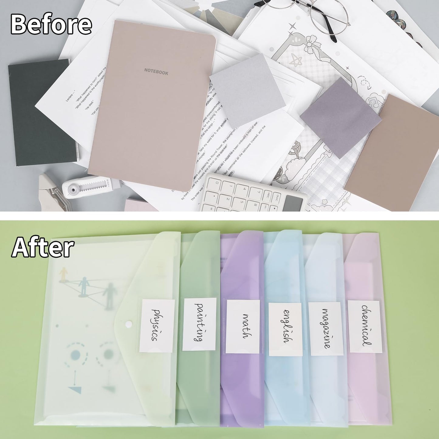 EOOUT 36 Pack Plastic Envelopes Poly Folders, Plastic File Folders with Snap Closure, A4 Size File Envelopes with Label Pocket for Documents School Office Supplies