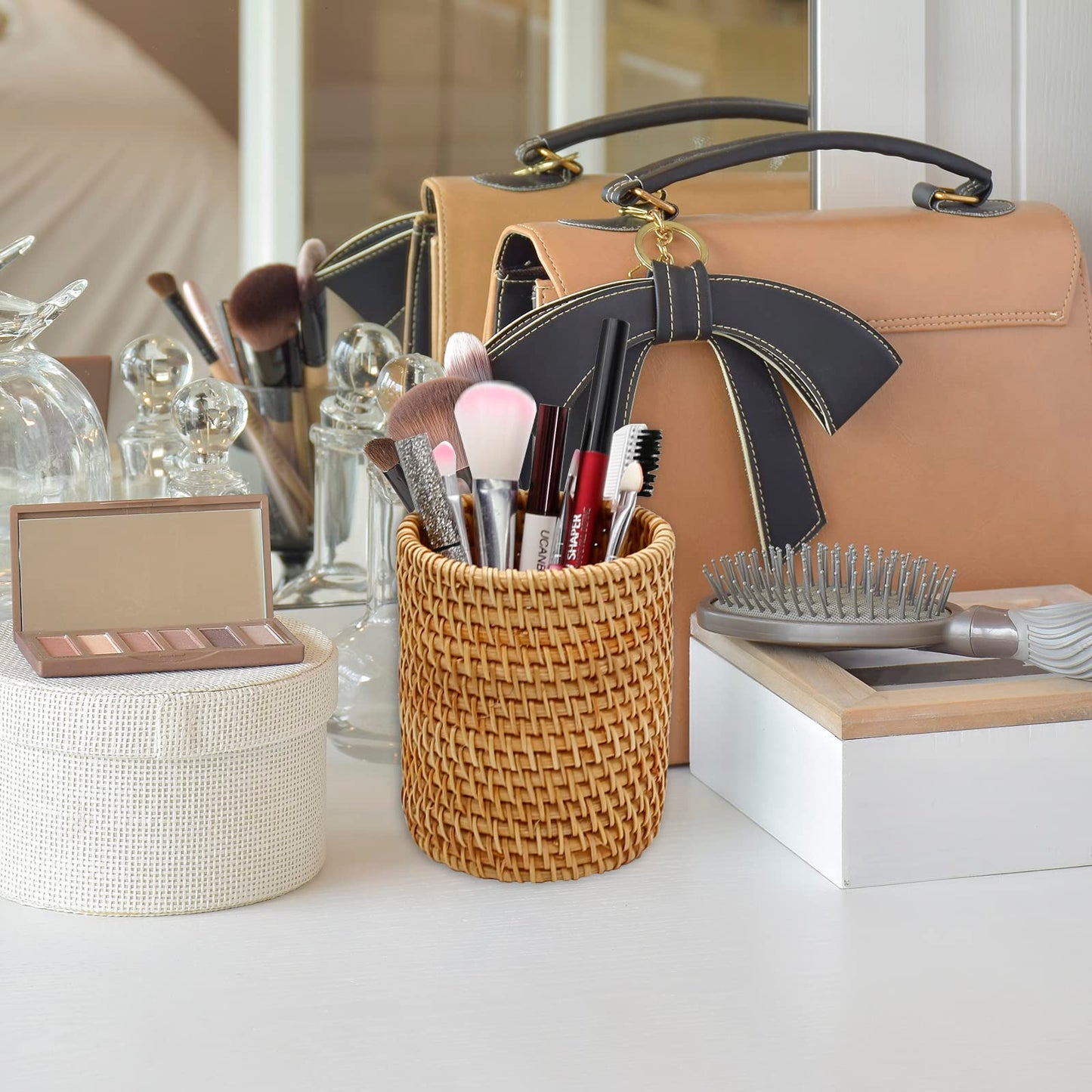 ZUDKSUY 2 Pack Rattan Pencil Holder for Desk Handmade Pen Organizer Bucket Boho Desk Accessories Pen Cup Holder Aesthetic Holder for Desk Cute