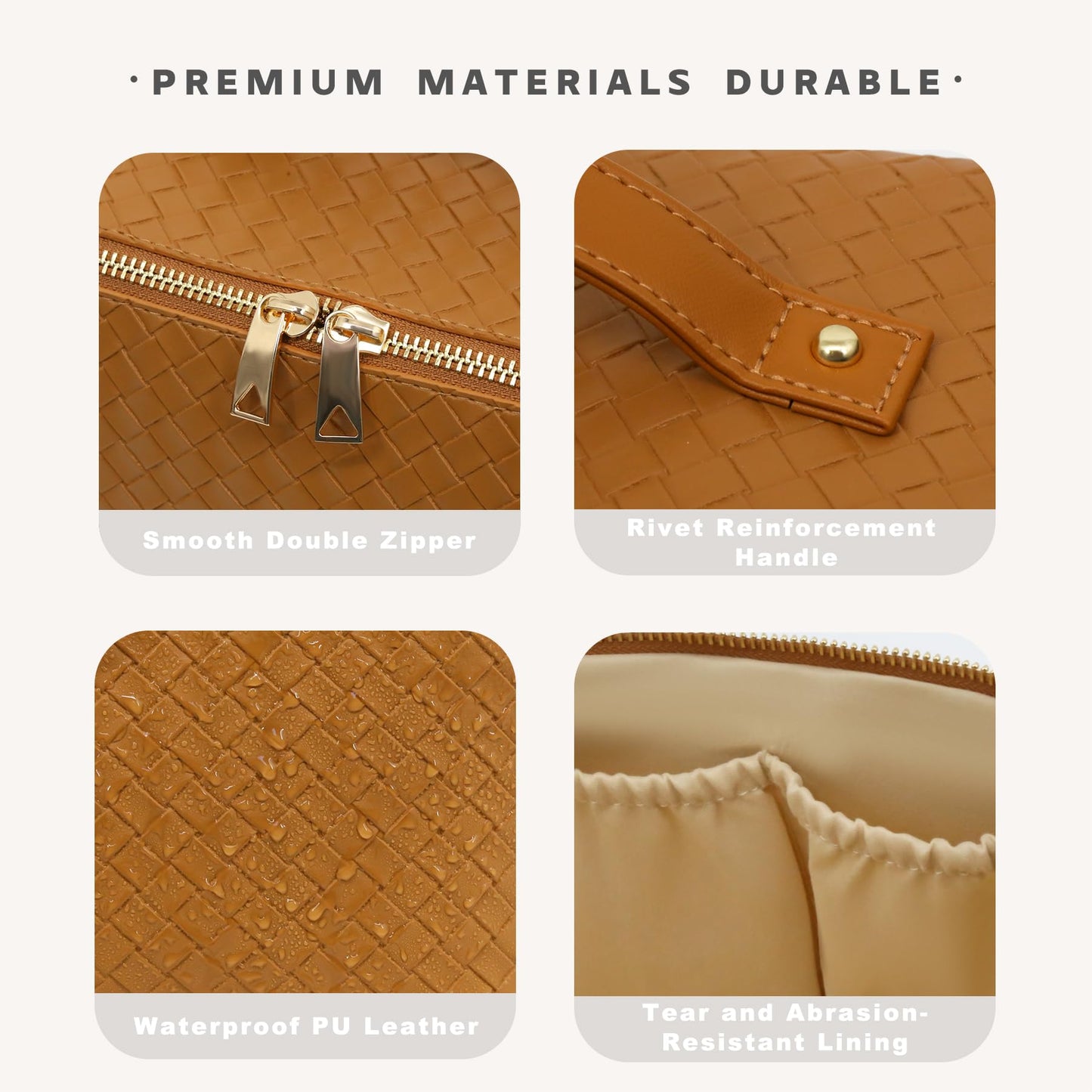 JINYIBAGS Travel Makeup Bag – Large Cosmetic Organizer with Waterproof PU Leather, Smooth Double Zipper & Tear-Resistant Lining, Toiletry Pouch for Women (Caramel)