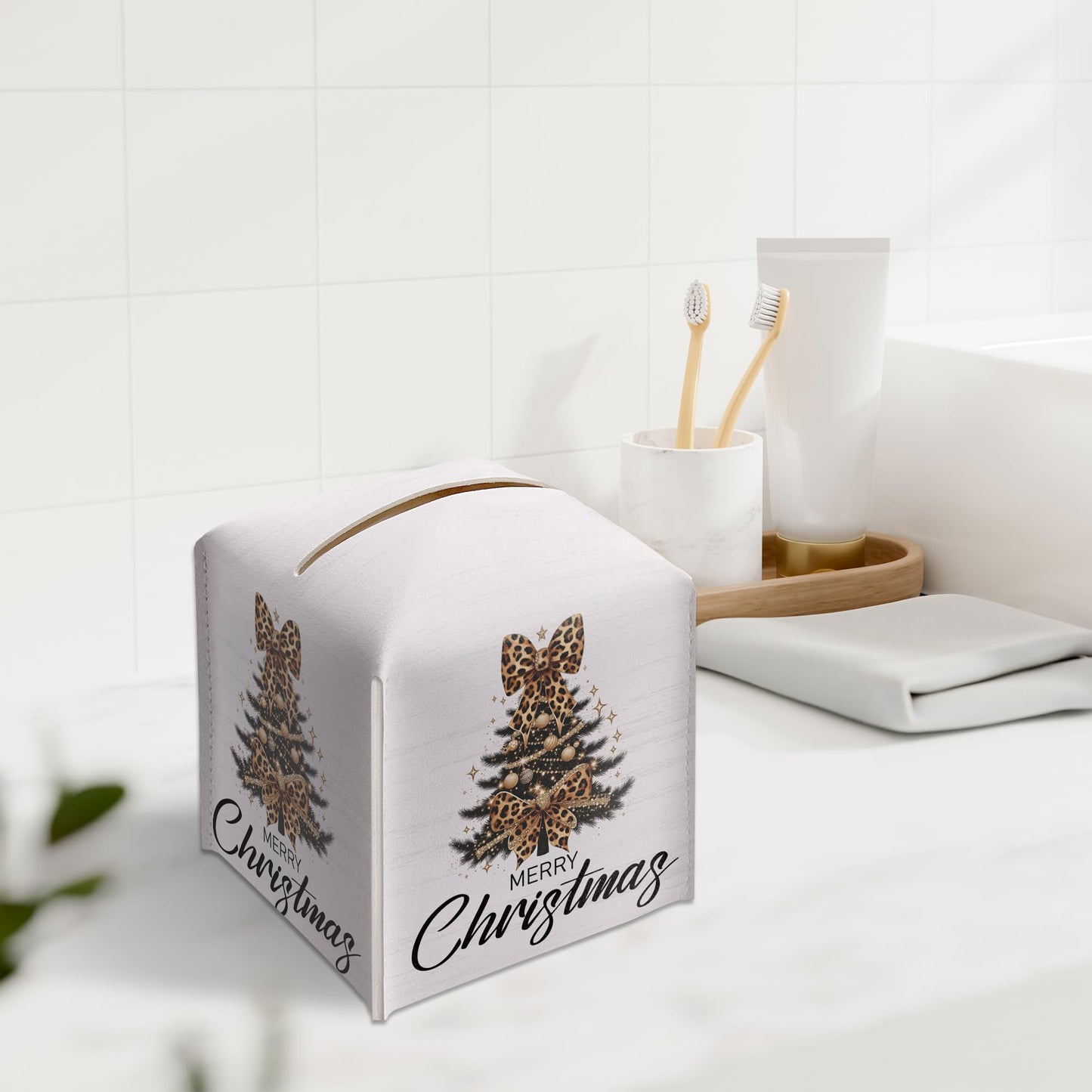 Christmas Tree Tissue Box Holder, Leopard Print Christmas Tree Leather Tissue Box Cover Square, Paper Facial Decorative Tissues Cover for Night Stands Bathroom Office Home Decor-B13