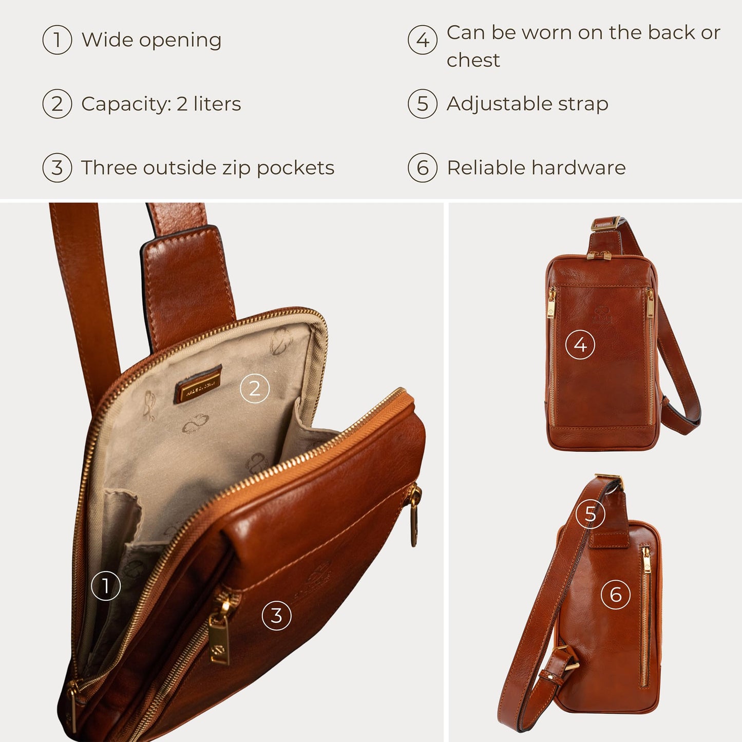 Time Resistance Leather Crossbody Bag - Sling, Messenger Bag for Men and Women - Handmade Shoulder Backpack (Cognac Brown)