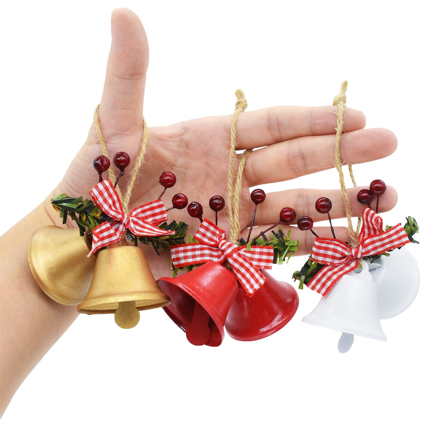 Christmas Jingle Bells Metal Decorative Bells Xmas Tree Ornaments for Wreath Holiday Crafts Rustic Home Hanging Decor Wind Chimes, Red White Gold (6 Pcs)