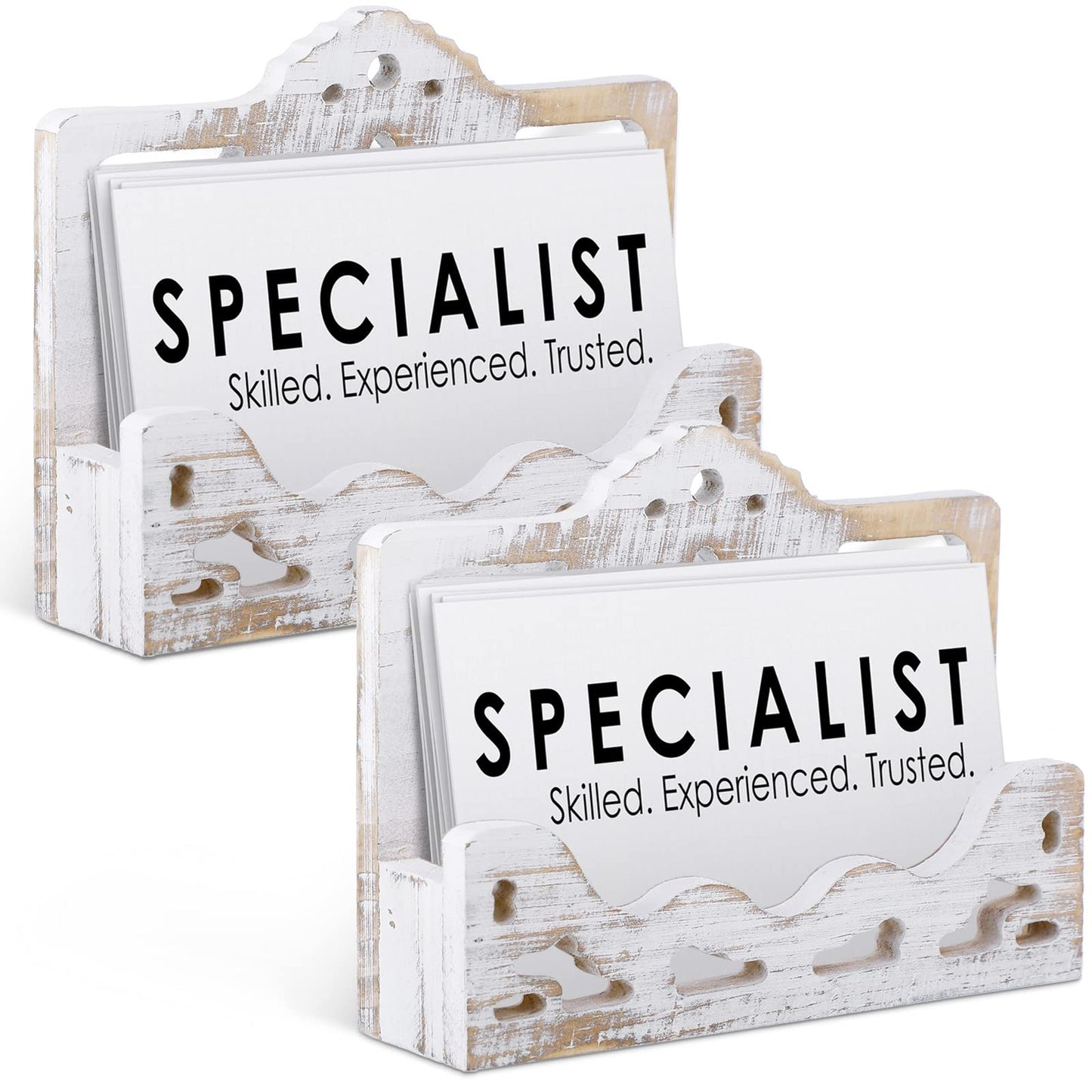 Vintage 2 Pcs Business Card Holder Display Wooden Open Card Stand Farmhouse Organizer Hollowed for Home Office Counters Receptions Trade Displays
