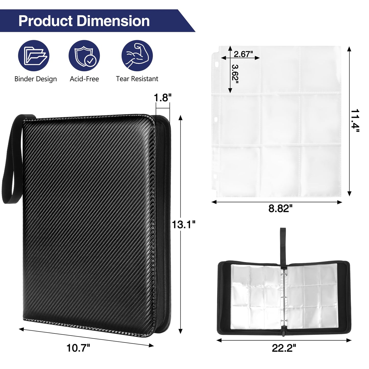 MAXECHO 9 Pocket Trading Card Binder, 1008 Pockets in 56 Removable Double-Sided Sleeves, PU Zip Card Collection Storage Organizer Album for Baseball, MTG, TCG, Sports. Black
