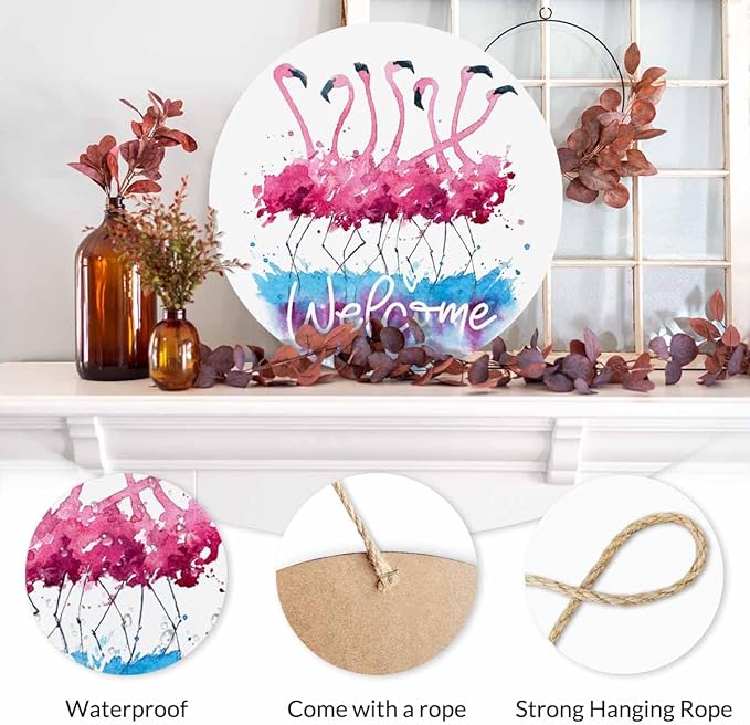 12in Welcome Door Hanger Door Sign Watercolor Pink Flamingo Wood Panel Sign Home Porch Farmhouse Outdoor Indoor Festival Present