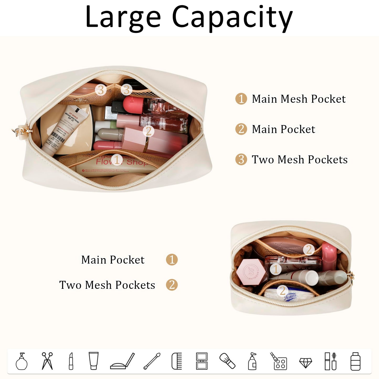 CLOUDWINGS Personalized Birthday Gifts for Women - Initial Makeup Bag Set Travel Toiletry Bag Cosmetic Bags Soft Waterproof PU Leather Makeup Pouch Travel Essentials (E, 2pcs Beige)