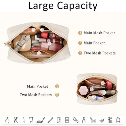 CLOUDWINGS Personalized Birthday Gifts for Women - Initial Makeup Bag Set Travel Toiletry Bag Cosmetic Bags Soft Waterproof PU Leather Makeup Pouch Travel Essentials (T, 2pcs Beige)