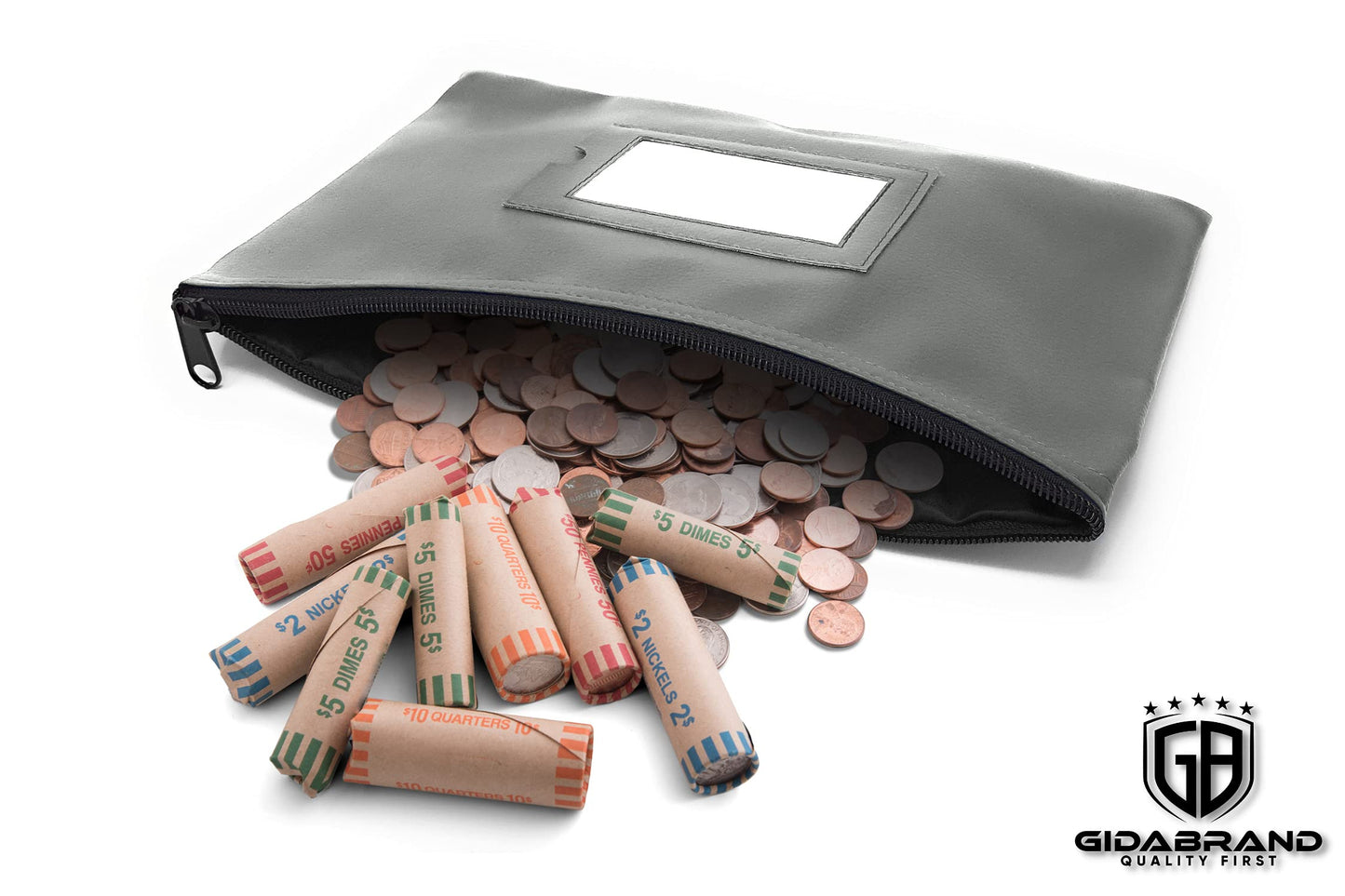 Money Bank Deposit Bag with Zipper | 11x6 inch | Grey | Durable Leatherette Money Cash Coin Check Wallet Pouch for Men & Women with Framed ID Window and Blank Card | by GIDABRAND (7)