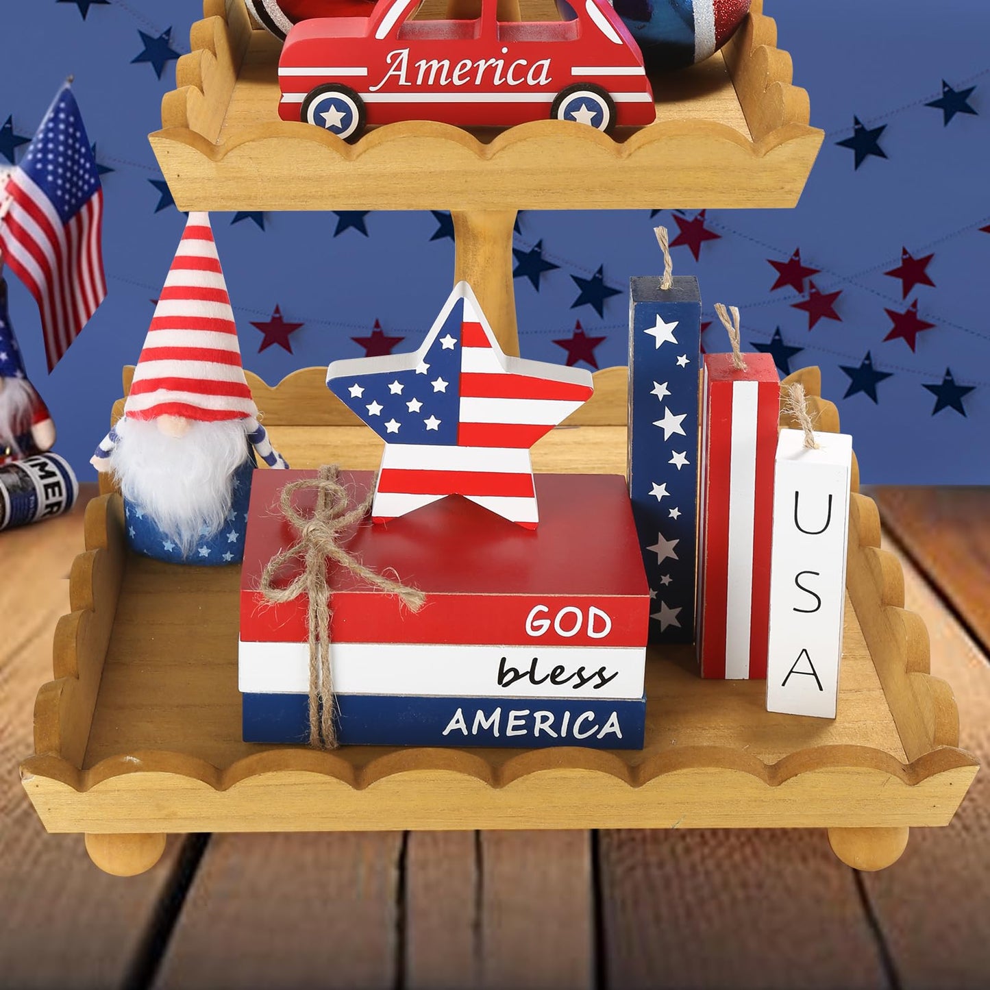 4th of July Decorations, 7 Pcs Patriotic Table Centerpieces Fourth of July Tabletop Decor Wood Faux Book Stack Star Sign Firecracker Farmhouse Decor for Tiered Tray Home Office Shelf Mantel
