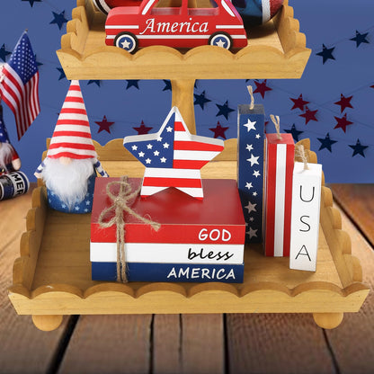 4th of July Decorations, 7 Pcs Patriotic Table Centerpieces Fourth of July Tabletop Decor Wood Faux Book Stack Star Sign Firecracker Farmhouse Decor for Tiered Tray Home Office Shelf Mantel