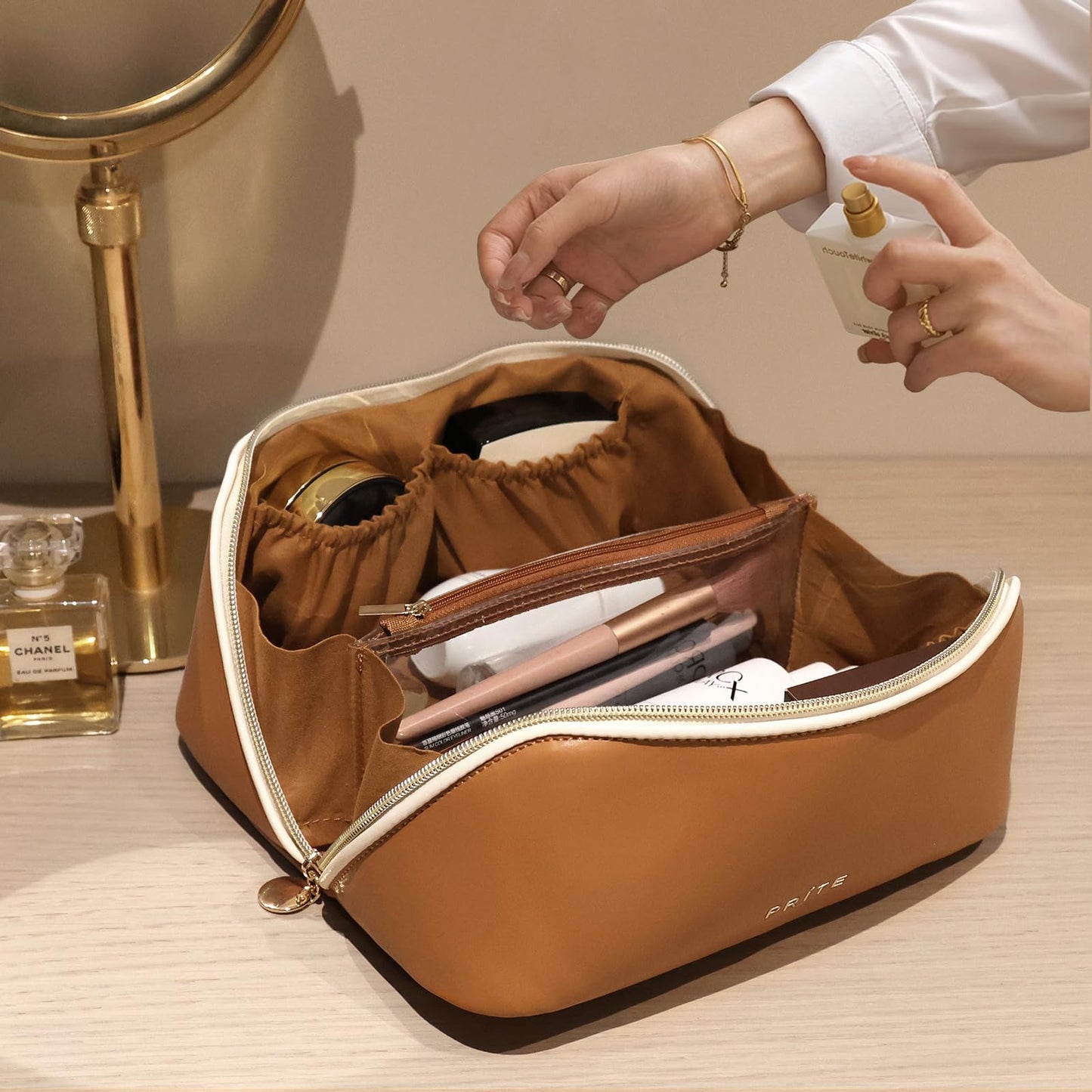 Prite Makeup Bag for Women Travel Waterproof Vegan Leather Cosmetic Bag Open Flat Toiletry Bag With Clear Divider and Handle (New Brown, Medium)