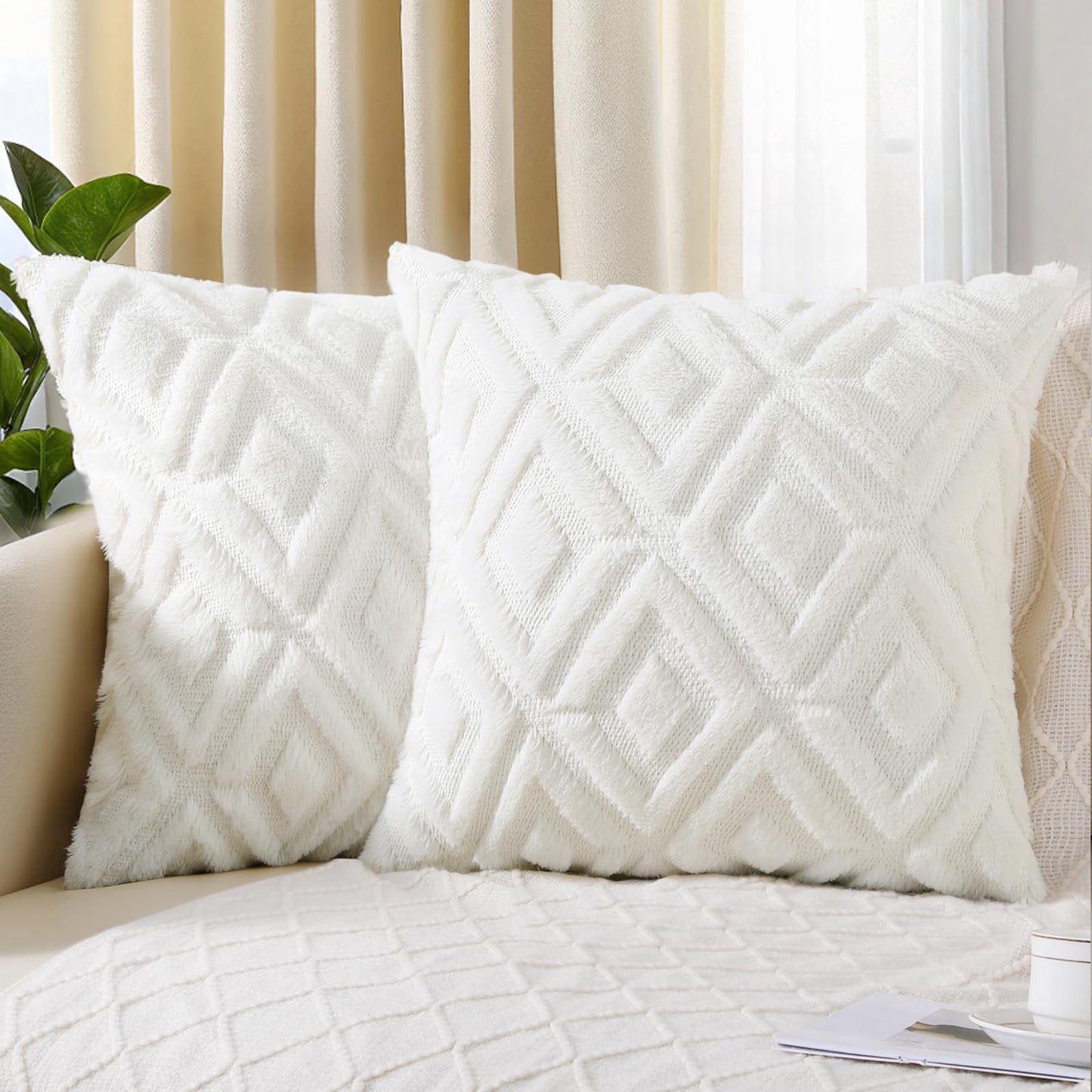 Pallene Christmas Cream White Throw Pillow Covers 26x26 Set of 2, Soft Plush Faux Fur Decorative Couch Pillow Covers for Sofa Bed Living Room Pillow Cases with 3D Diamond Pattern