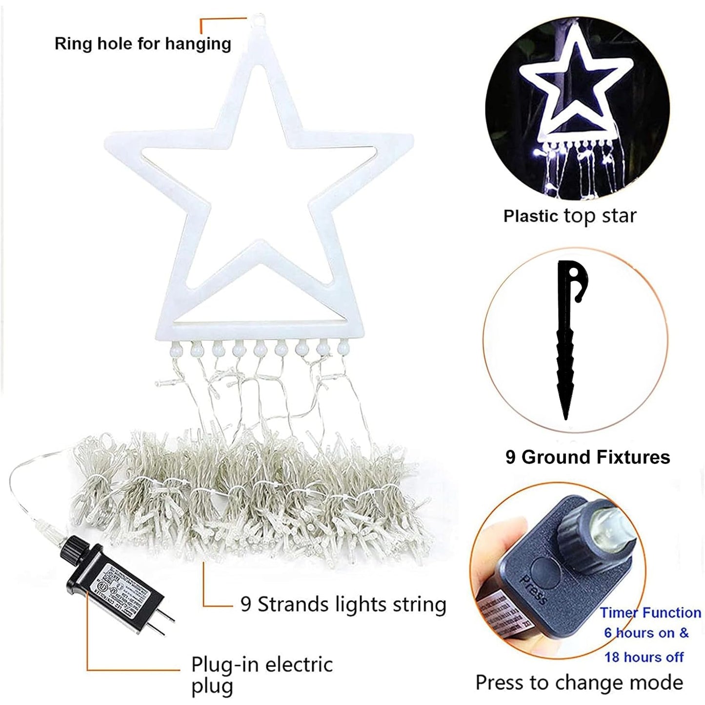Christmas Decoration Lights, Outdoor Christmas String Lights 320 LED 11.5 Ft Waterfall Tree Light with Big Star Topper 8 Light Modes for Xmas New Year Holiday Garden Yard Indoor Outdoor Decor