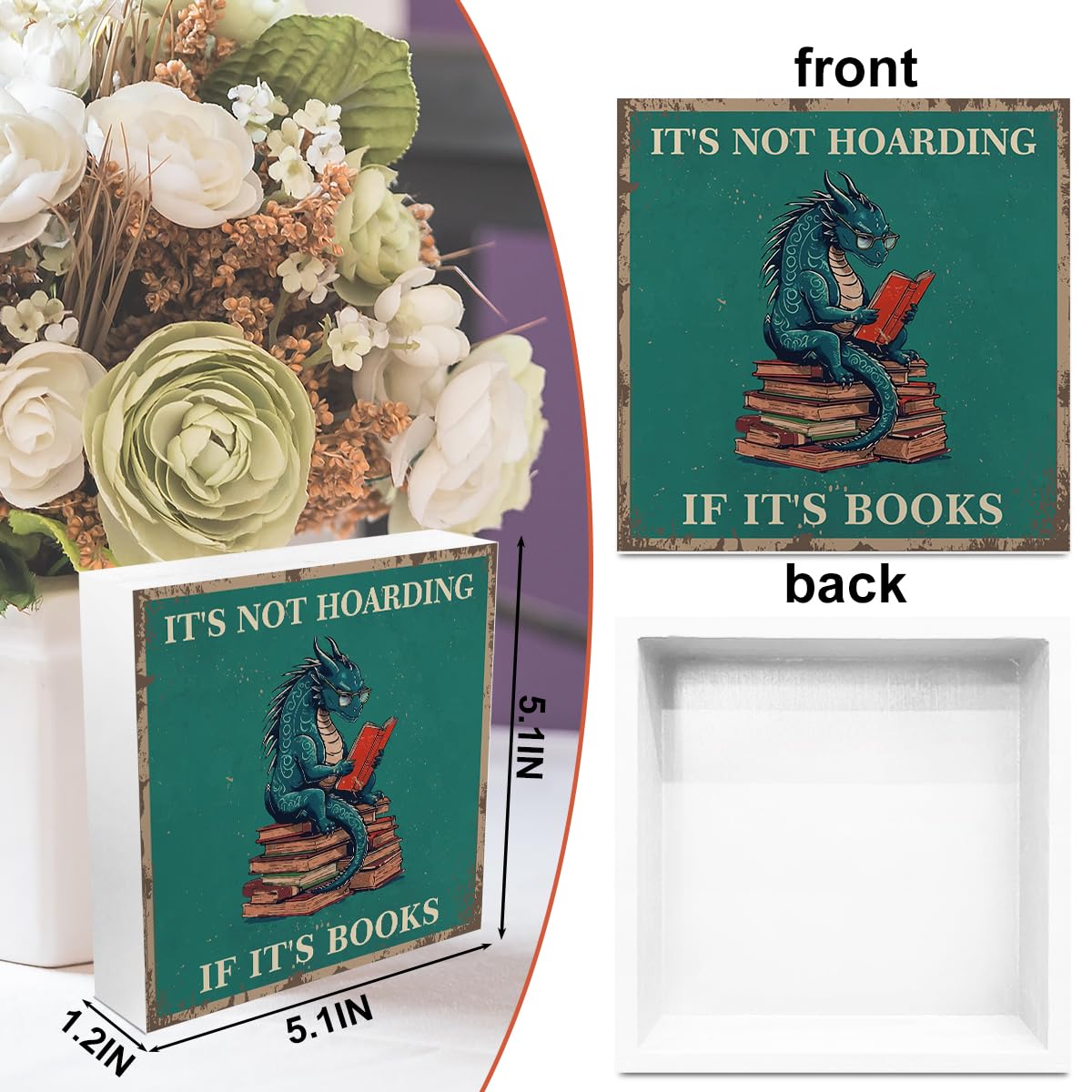 Dragon Decor Reading Wooden Box Sign, Dragon Bookshelf Library Decor Rustic Country Wooden Sign, Fantasy Book Merch Bedroom Reading Corner Book Shelf Desk Decorations Supplies