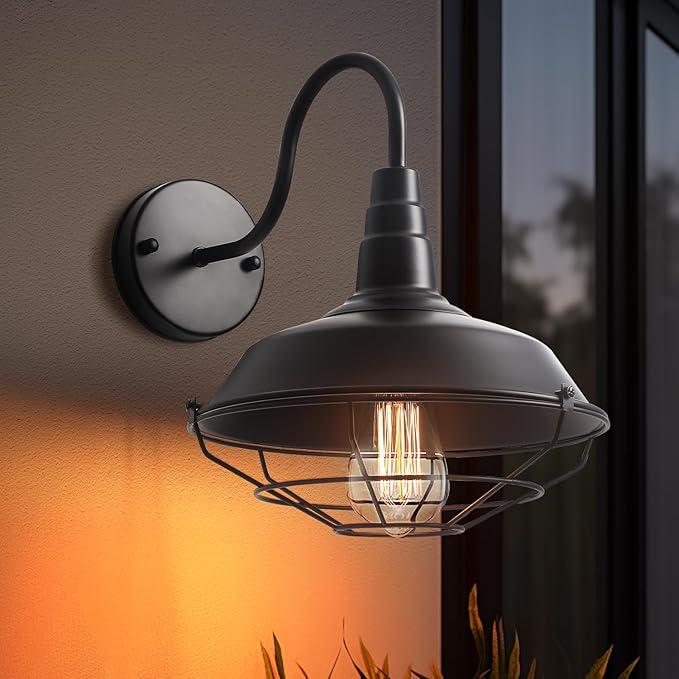 Outdoor Gooseneck Barn Light Fixture, Farmhouse Exterior Wall Sconce, Vintage Rustic Wall Mount Lamp with Metal Cage, Industrial Black Waterproof Lantern for Proch, Patio, Garage, Backyard, Warehouse