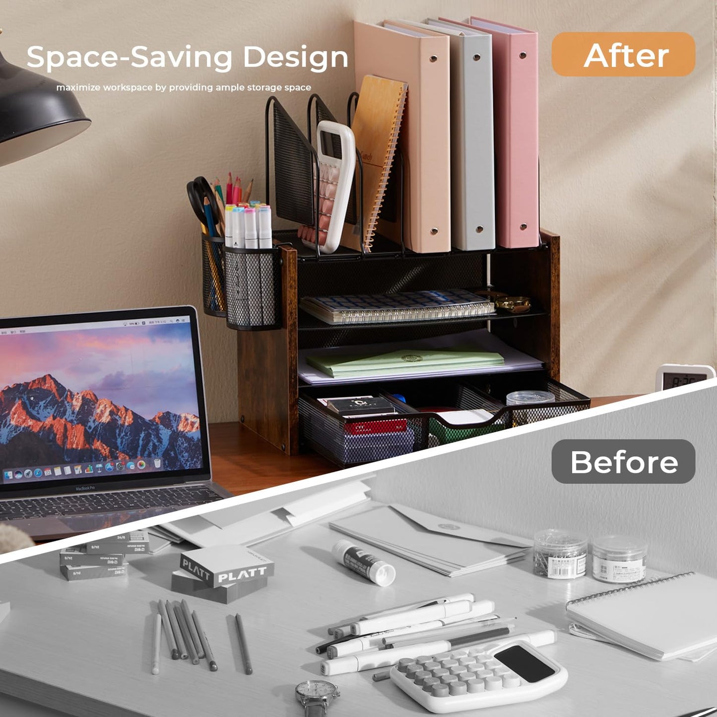 Beramon 4-Tier Desk Organizer with Drawer, Wooden Mesh File Organizer with 5 Vertical Sorters & 2 Pen Holders, Multi-Functional Desktop Organizer for Home, Office & School