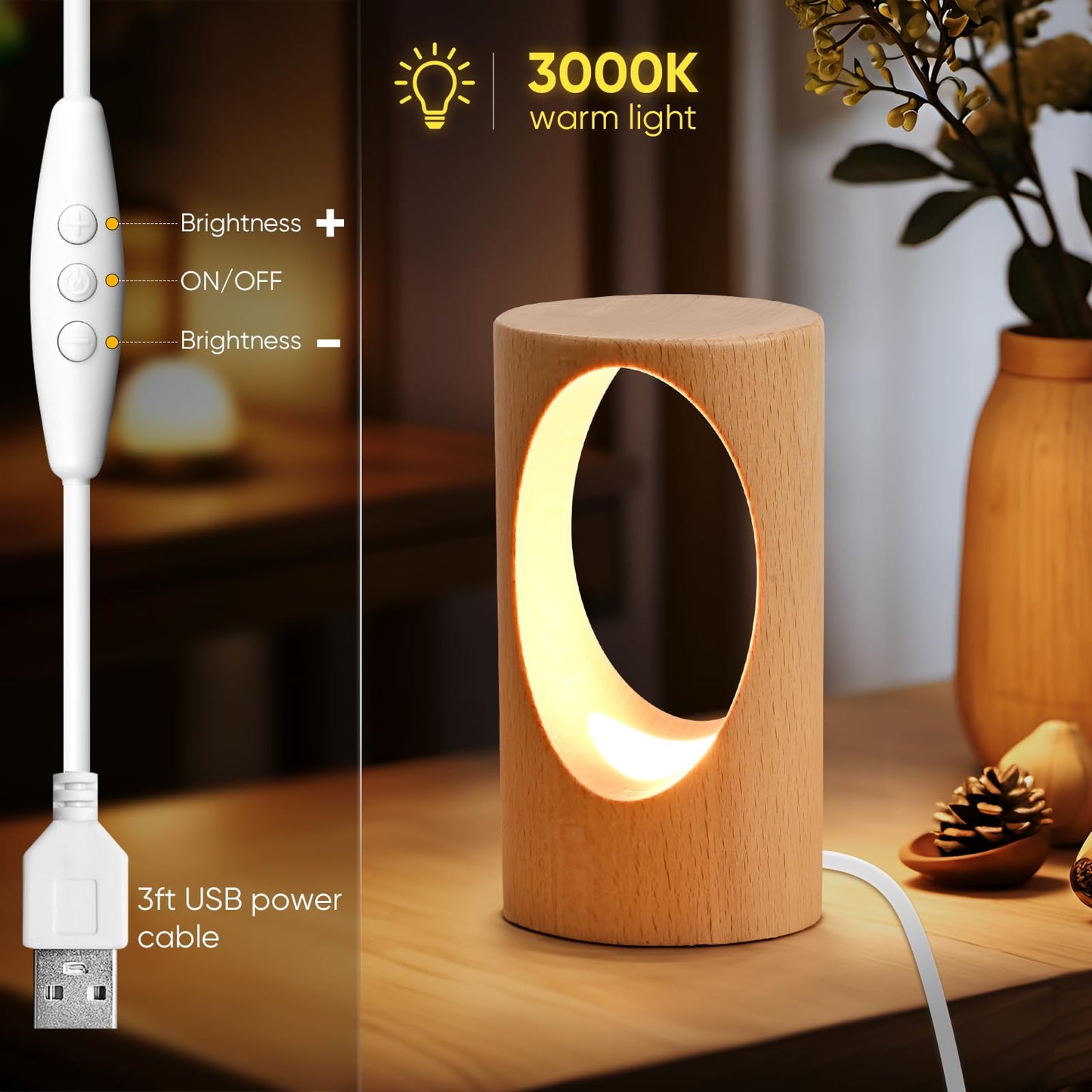 YIEONSHION LED Wooden Desk Lamp, Dimmable Bedside Night Light for Bedroom, Creative Home Décor Table Lamp, Warm Ambient Lighting, Unique Housewarming Gift