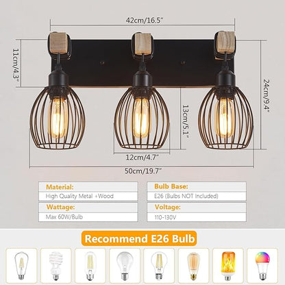 3-Light Farmhouse Vanity Light for Bathroom, Wood Wall Sconce with Elegant Teardrop Cage, Industrial Black Vanity Lights Over Mirror for Living Room Bedroom Hallway