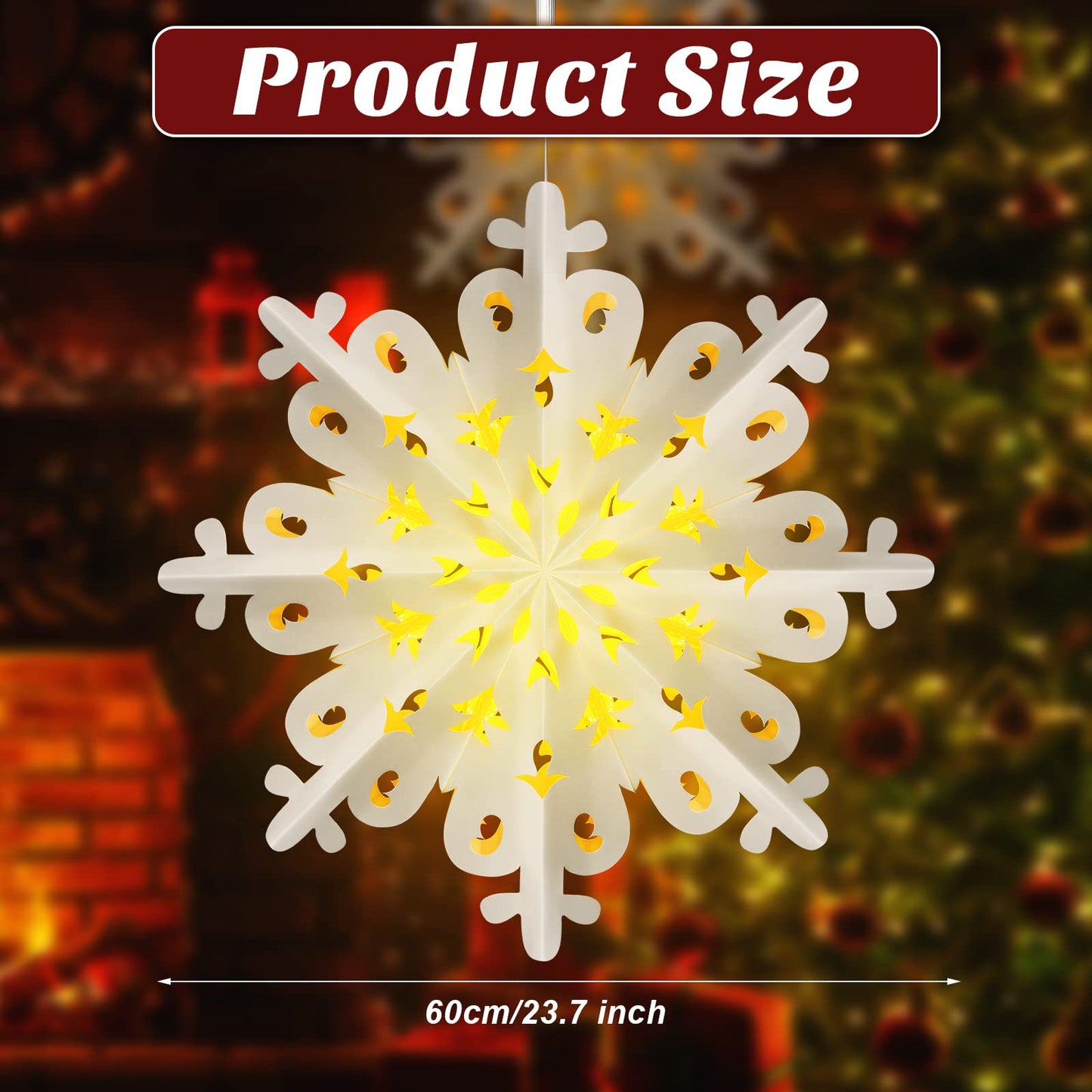 23.6 Inch Christmas Star Snowflake Paper Lantern with Light Timer Paper Lamp Party Supplies Hanging Decoration for Weddings Christmas Trees Birthday Holiday Party Celebration (Adorable Style)