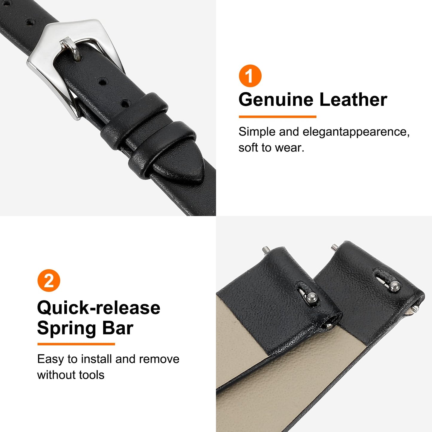 uxcell 12mm Black Genuine Leather Watch Bands, Quick Release Flat Thin Elegant Leather Watch Strap Wristband Replacement Bands with Silver Stainless Steel Buckle for Women