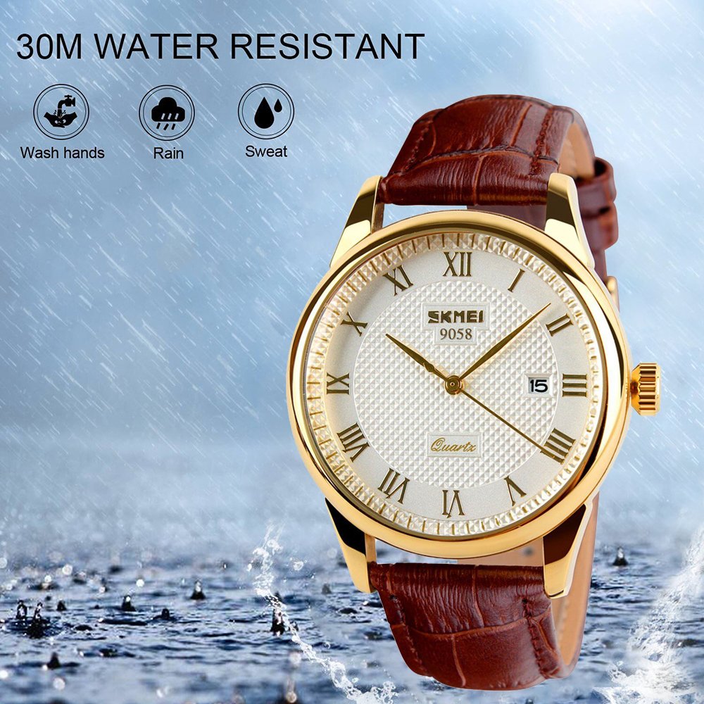 SKMEI Business Men’s Quartz Wristwatches Leather Band Roman Numeral Casual Analog Watches Water Resist (Black+Gold)