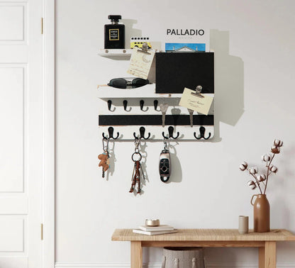 HEKOOLA Key Holder for Wall Mount with Shelf and Mail Organizer, Key and Mail Holder with 16 Hooks, Farmhouse Entryway Organizer, Home Decor Rack (Pine Wood, White Washed)