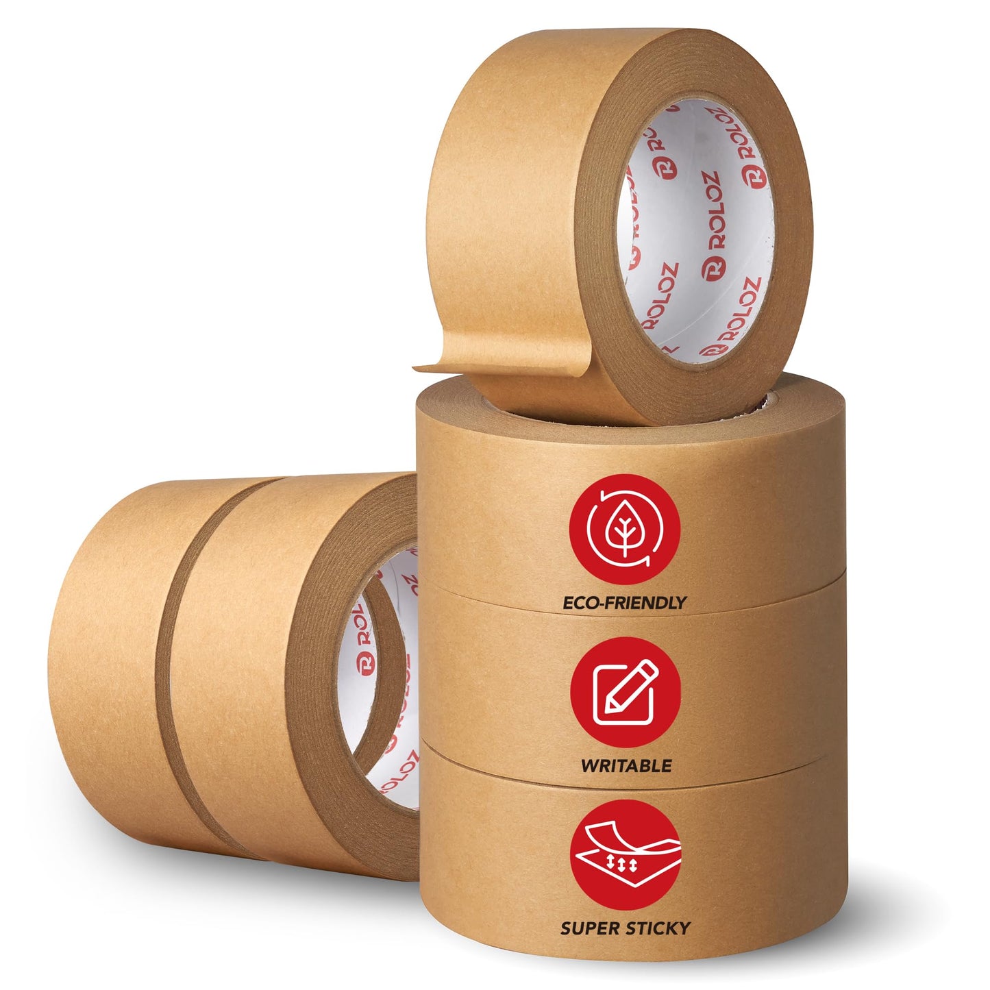 Roloz Brown Kraft Paper Packing Tape 6-Pack 2in x 44 yd – Strong Adhesive, Hand-Tearable, Writable Shipping Tape for Boxes – Ideal for Packing, Moving, Storage, Mailing, and Shipping