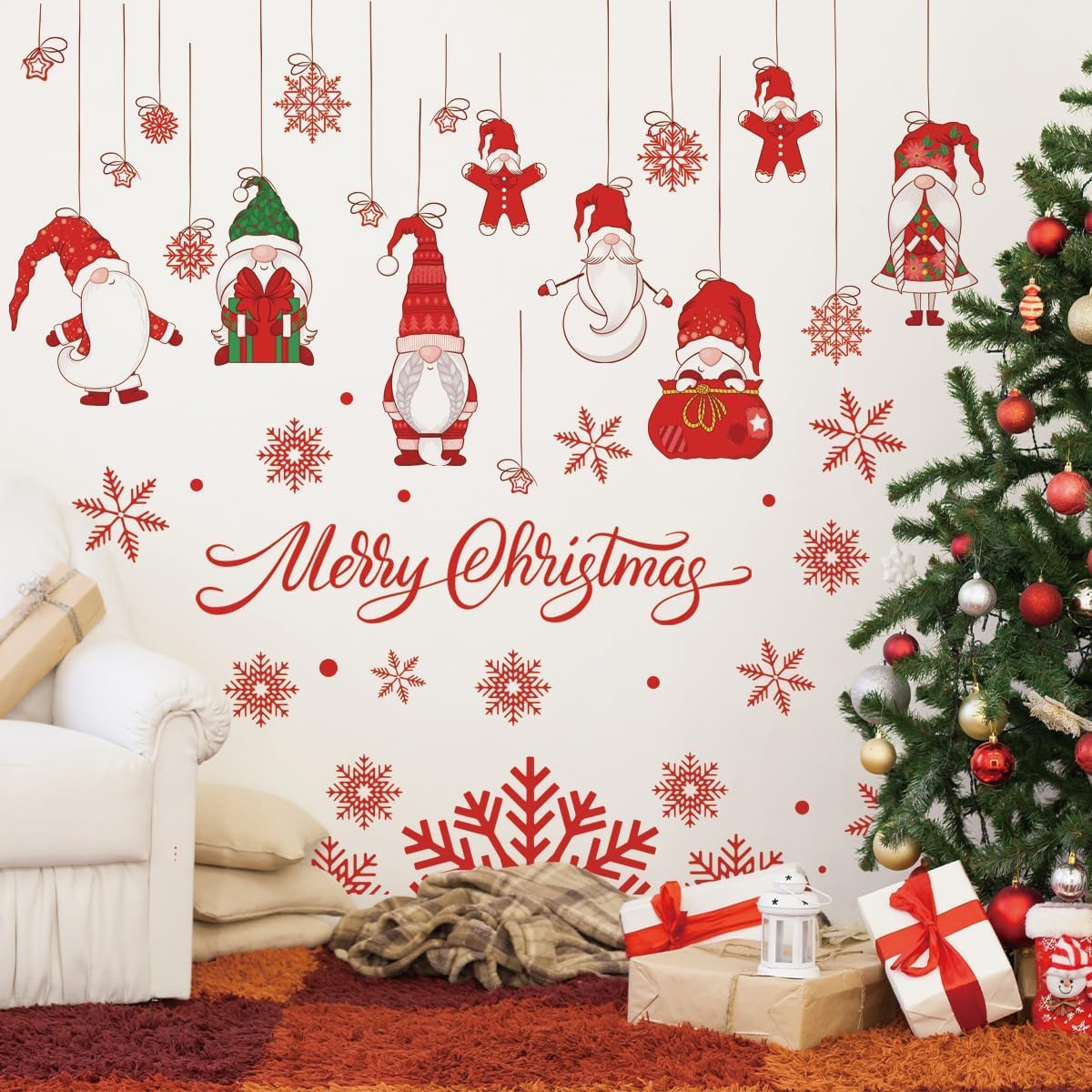 61.02 x 48.42 Inch Wall Decals: Merry Christmas Gnome Wall Stickers - Removable, Perfect for Xmas Holiday Party Supplies & Home Wall Decor
