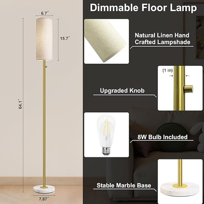 Gold Floor Lamp,Dimmable Floor Lamps for Living Room,Modern Standing Lamp with Marble Base,LED Bulb Included,Tall Floor Lamp for Bedroom, Living Room,Office,Reading and Nursery(Gold)