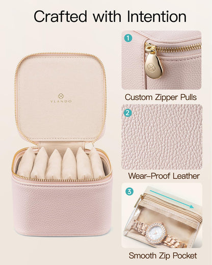 VLANDO Gifts for Teachers,Jewelry Box with 6 Velvet Jewelry Bags Travel Jewelry Storage for Women Girl Jewelry Organizer Necklace Rings Earrings Bags Gifts for Women(Pink)