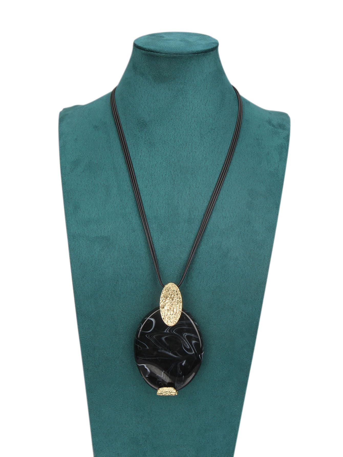 GelConnie Boho Pendant Necklace for Women Long Black Leather Cord Statement Jewelry with Large Oval Black Stone Pendant