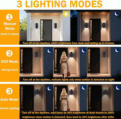 Dusk to Dawn Motion Sensor Outdoor Wall Light, Adjustable Brightness Exterior Light Fixtures with 3 Modes, 25ft Detection Waterproof Aluminum Fixture for Porch, Stairs, Garage, ETL Listed
