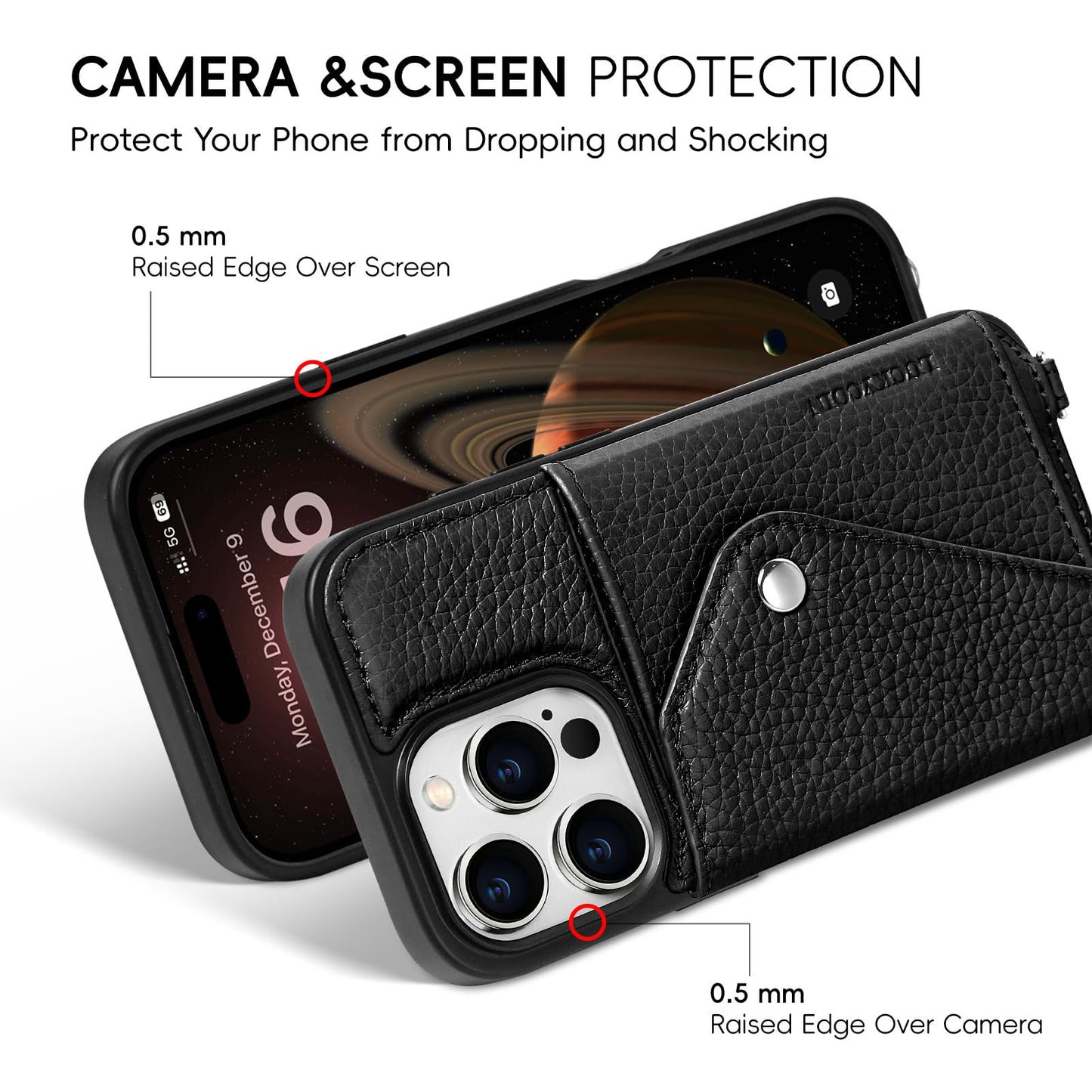 LUCKYCOIN Crossbody Phone Case for iPhone 16 Pro,100% Genuine Leather Phone Wallet Case for Women, Premium Hands-Free Phone Purse with Expandable Flip Card Holder & Adjustable Strap - Pebble Black
