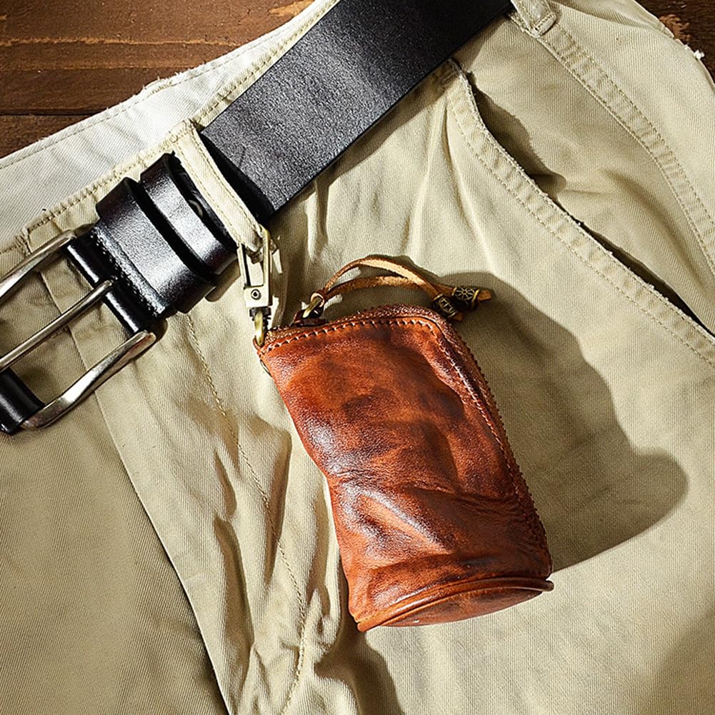 Yzikema 1 Pcs Leather Mini Medieval Pouch Keychain, Coin Organizer, Change Holder,Card Case, Genuine Leather Zipper Storage Bag for Men & Women