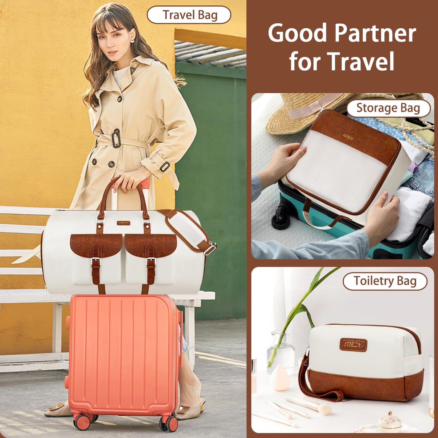Garment Duffle Bag for Travel - Convertible Carry on Garment Duffel Travel Bag for Women Men Large Weekender Bag with Shoes Pouch 2 in 1 Hanging Suit Travel Duffel Bag 3pcs Set