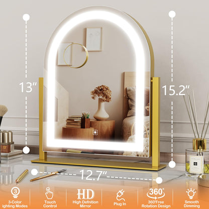 Arched Makeup Vanity Mirror with Lights 17.2" Large LED Lighted Mirror, Hollywood Make Up Mirror with Lighting, Smart Touch,Detachable 5X Magnification 360° Rotation, (Gold,Gift Box)